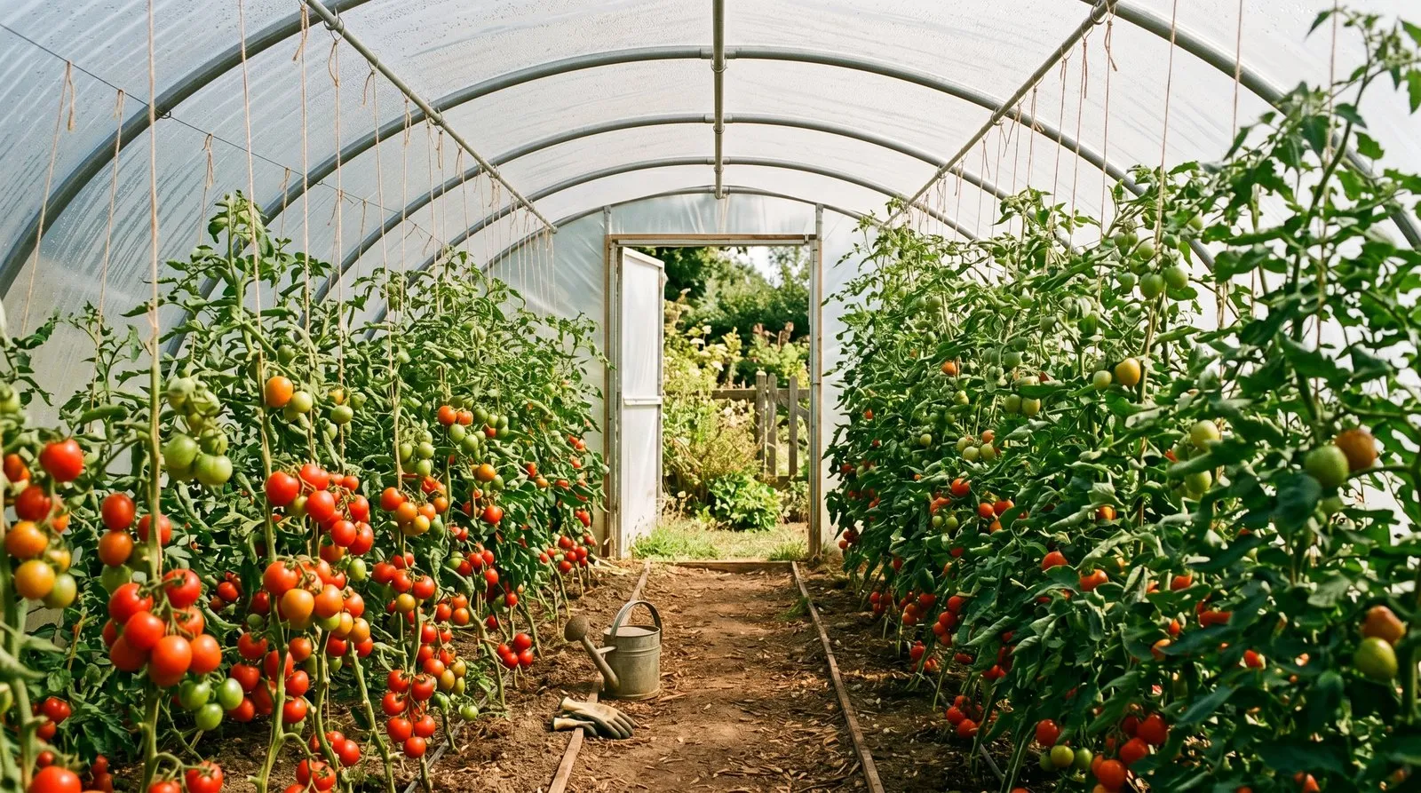 Tomato plants laden with fruit inside a UK polytunnel with condensation on the plastic roof and the door propped open for airflow