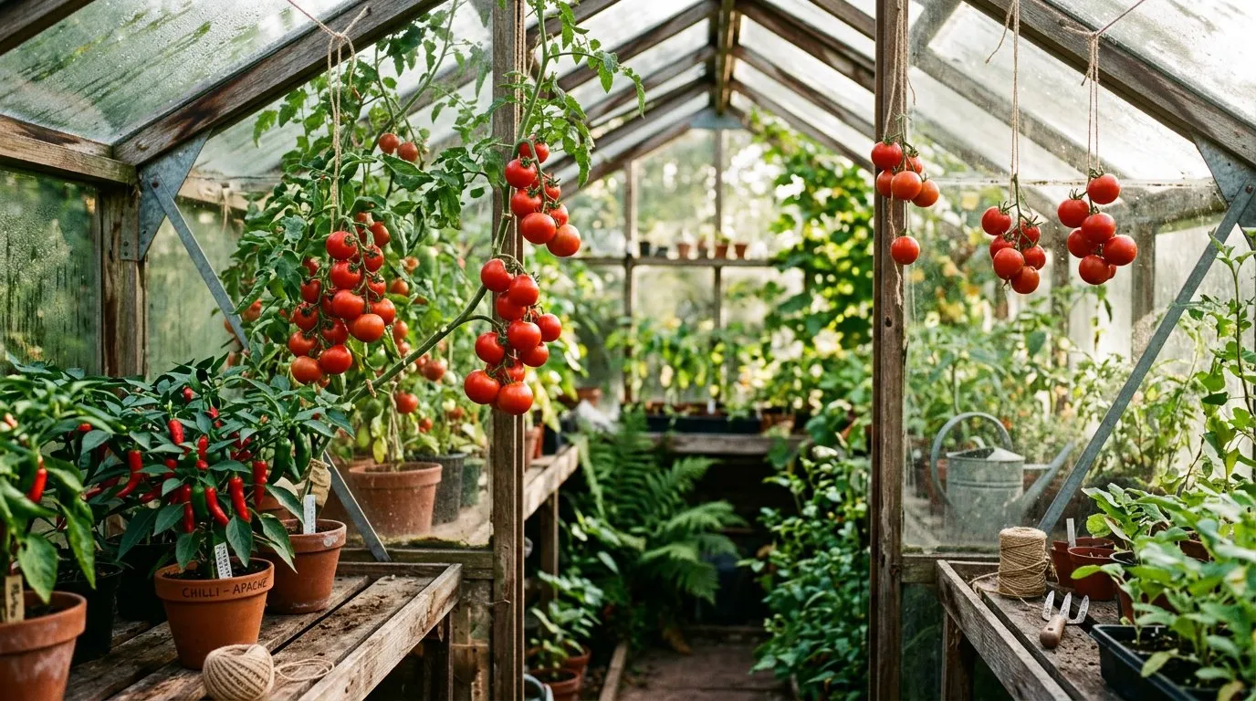 Tomatoes and chilli peppers thriving inside a greenhouse on wooden staging