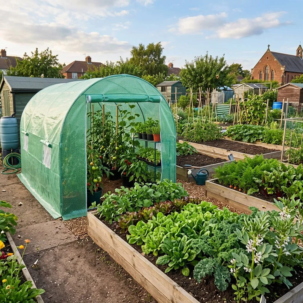 Polytunnel on a UK allotment surrounded by raised vegetable beds in summer