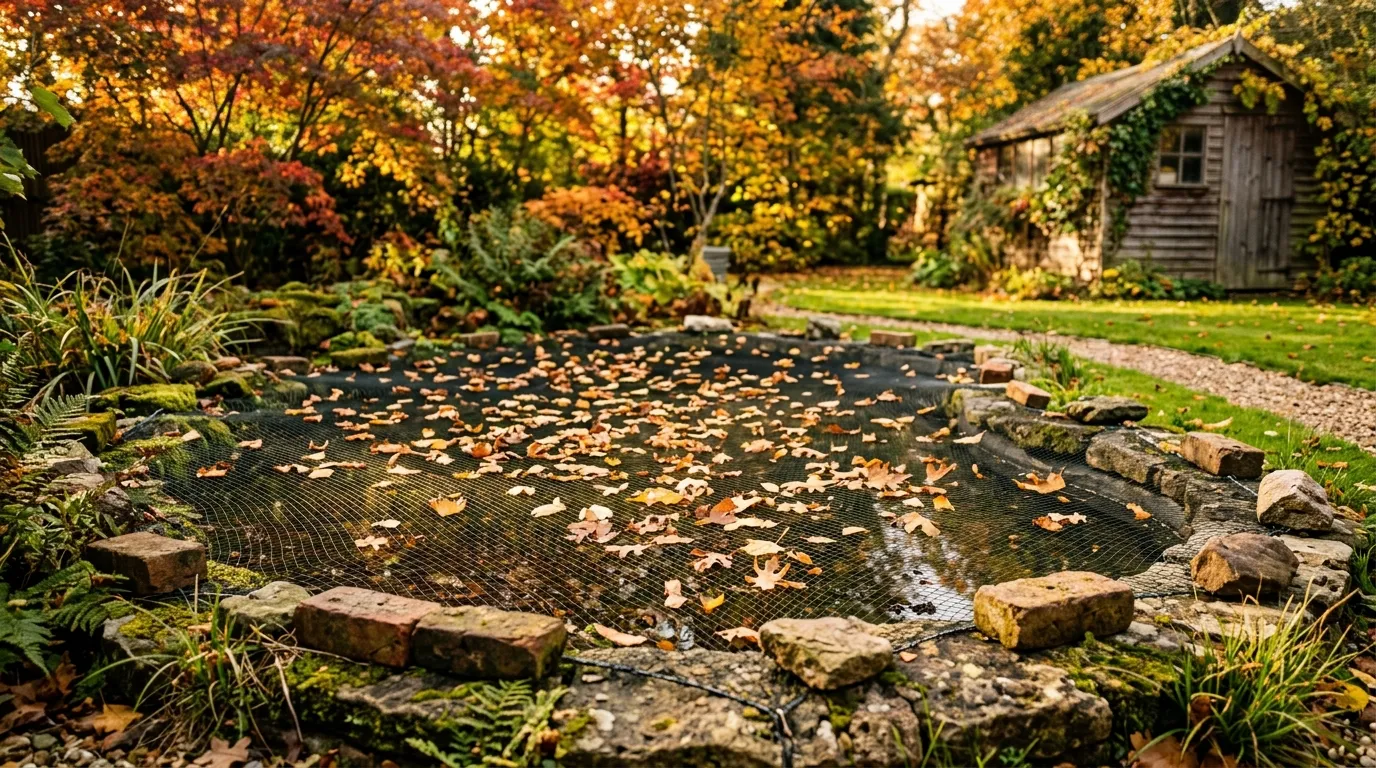Pond netting stretched over a garden pond to catch autumn leaves in the UK