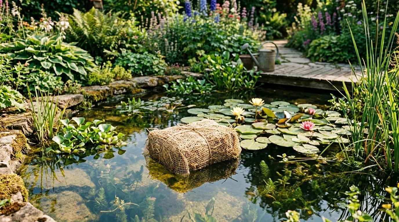 Barley straw bale floating in a garden pond as a natural algae treatment
