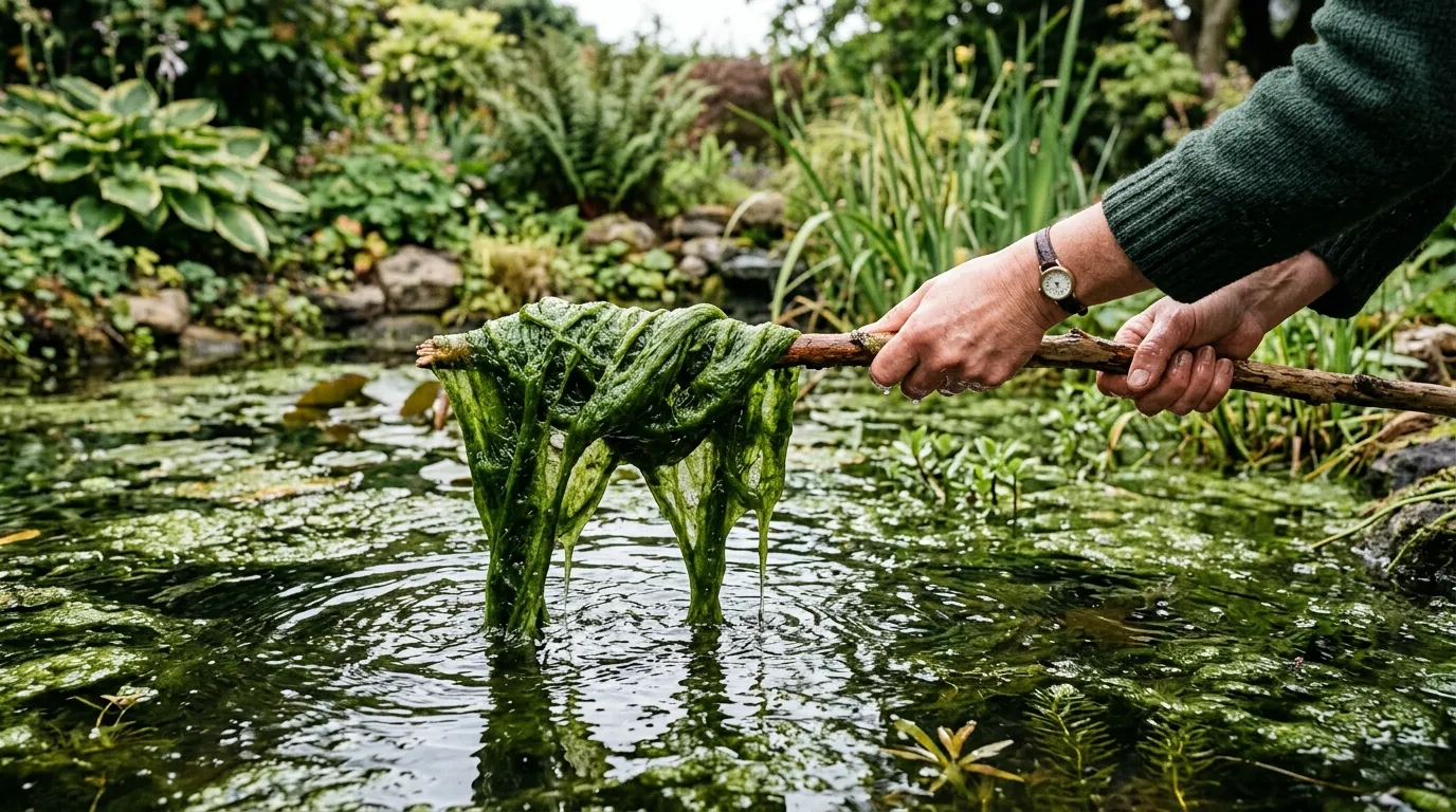 Removing blanketweed from a pond by twisting it around a stick