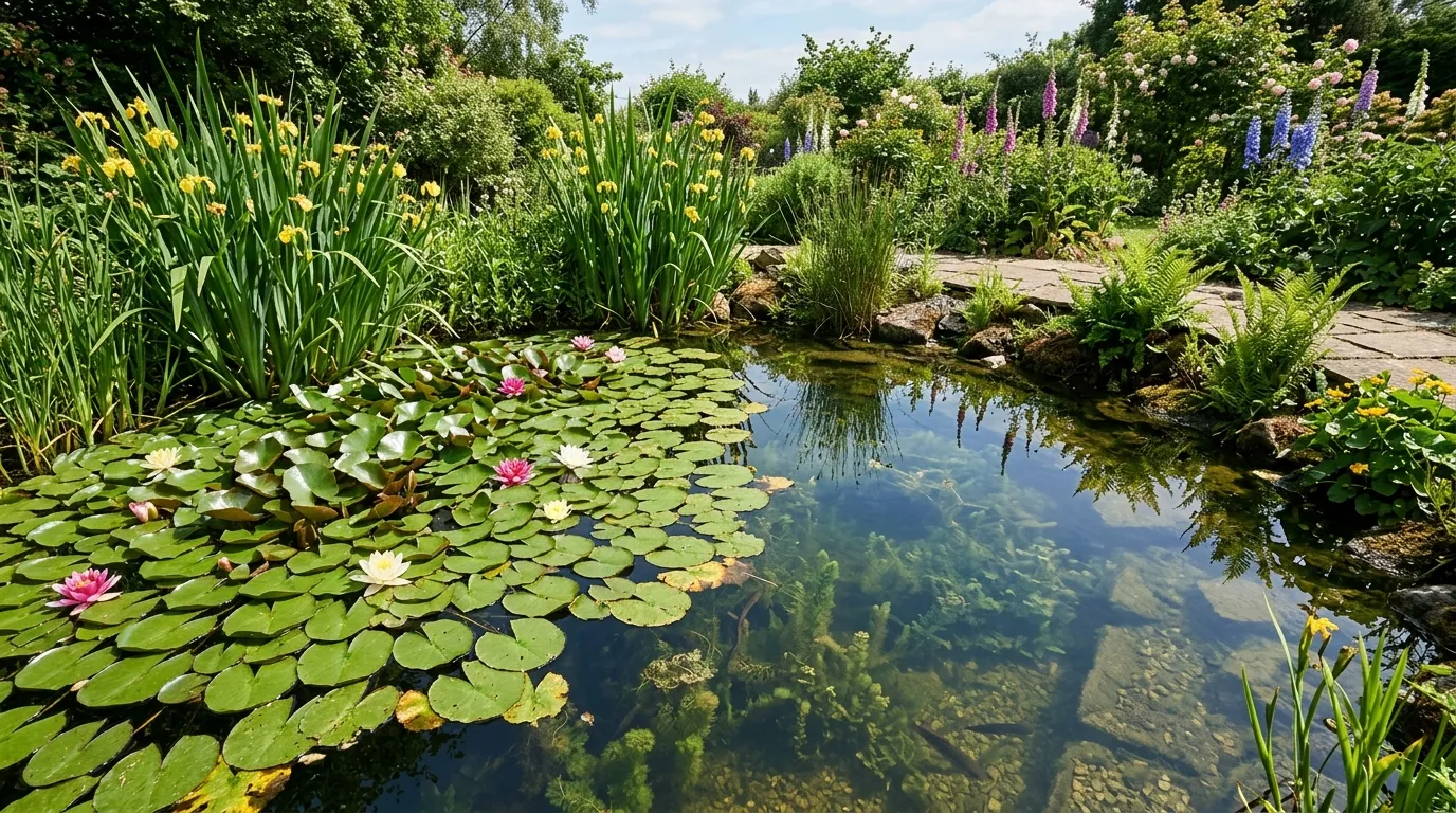 A clear pond with good plant coverage showing healthy water quality