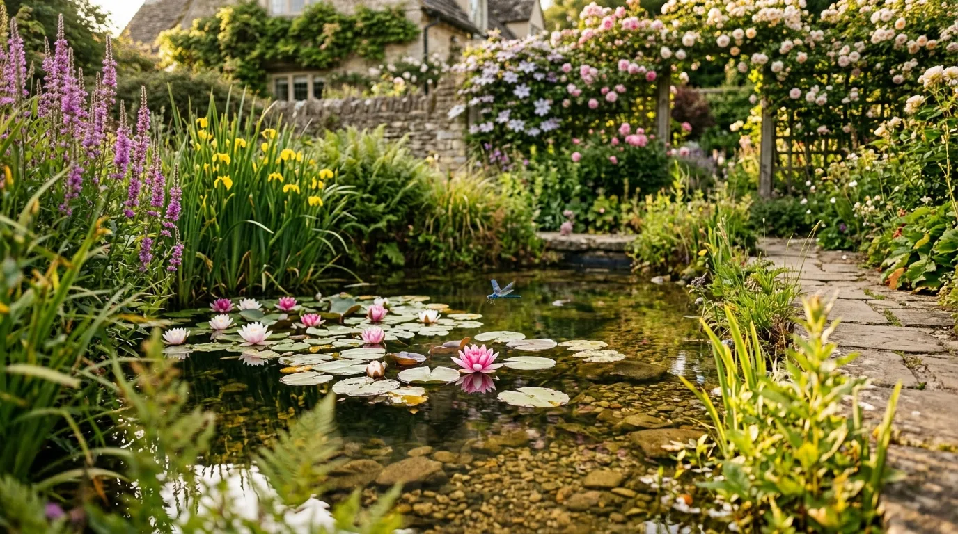 Clear garden pond with water lilies and healthy marginal plants in a UK garden
