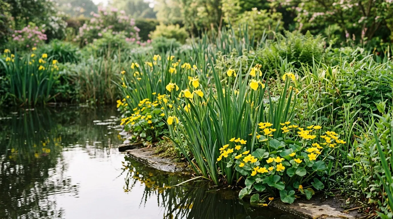 Pond plants yellow flag iris and marsh marigold at the edge of a UK garden pond