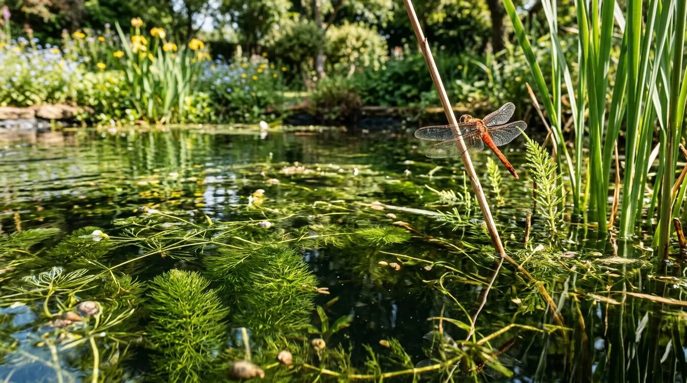 Pond plants submerged oxygenating species visible in a clear UK garden pond