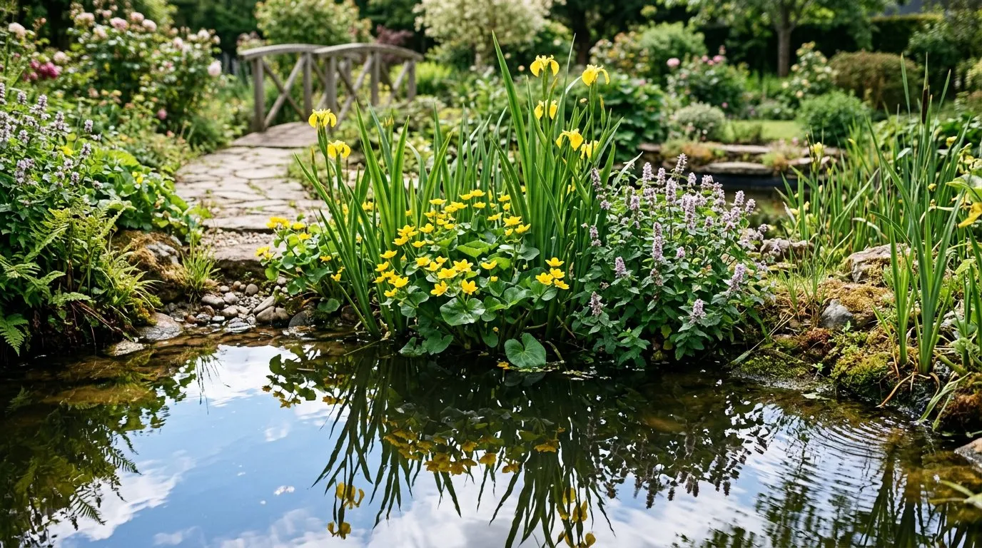 Native pond plants including yellow marsh marigold and water forget-me-not growing at the edge of a UK wildlife pond