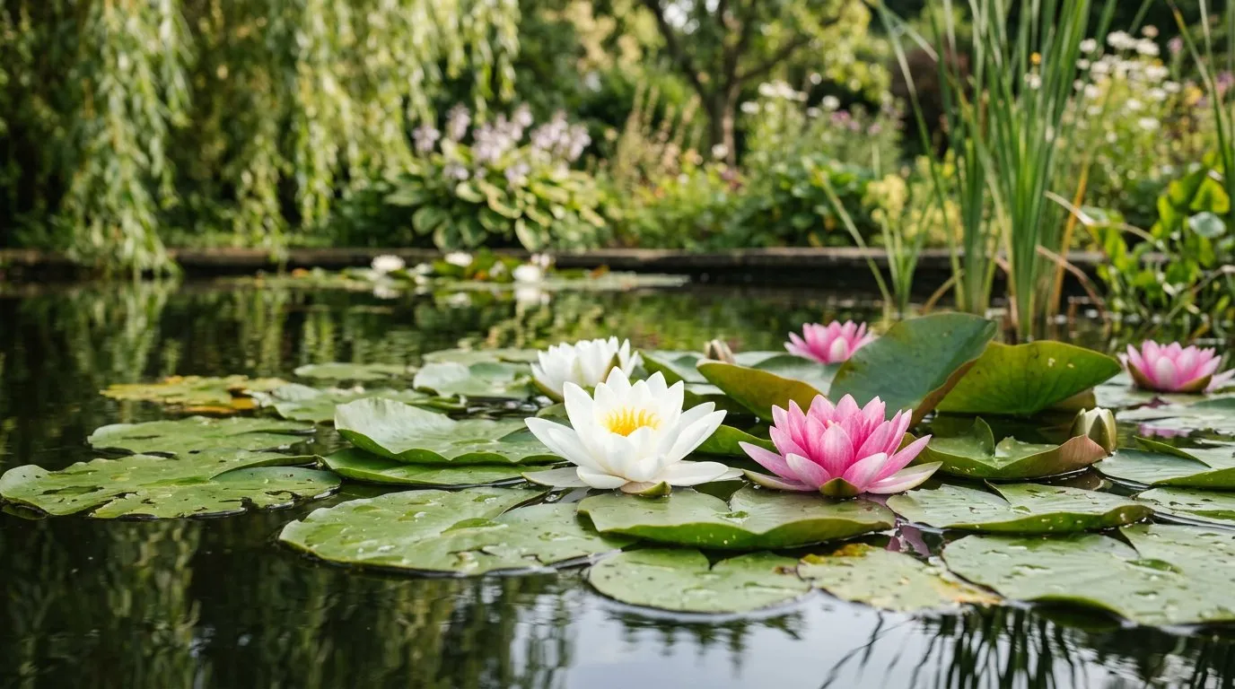 Pond plants water lilies floating on still water in a UK garden pond