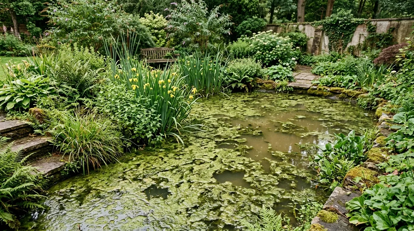 Green algae-covered pond water showing typical pond problems in a UK garden
