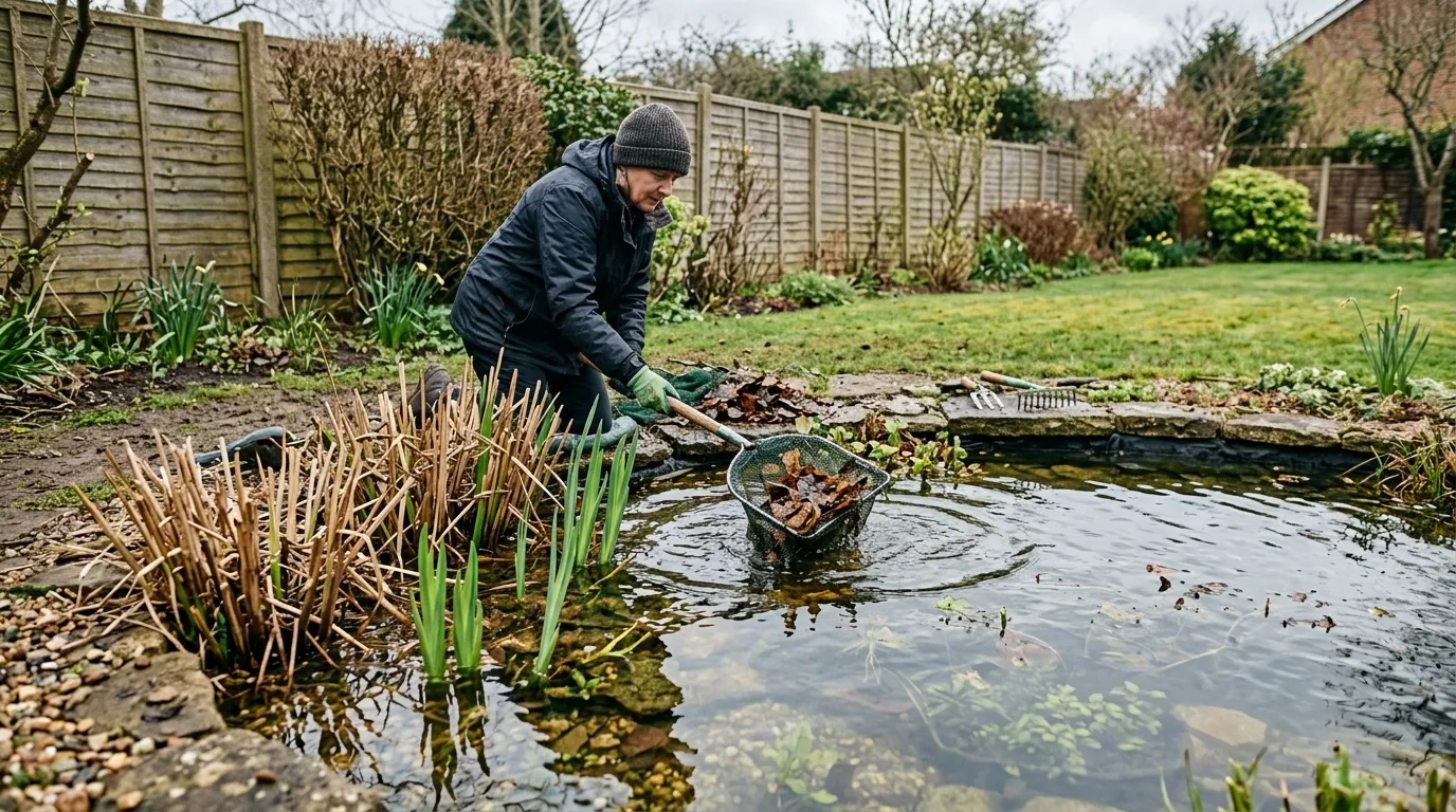 Garden pond in spring with marginal plants starting to grow in the UK