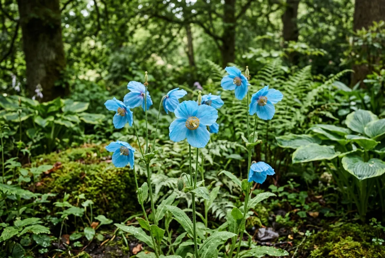 How to grow poppies UK showing Himalayan blue poppies growing in dappled shade in a woodland garden