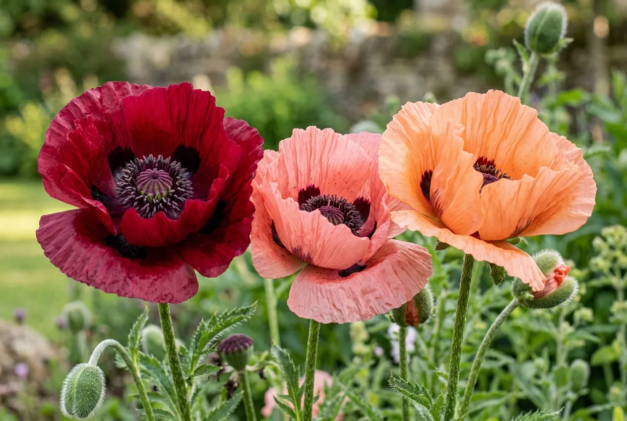How to grow poppies UK showing oriental poppy varieties in different colours including crimson, salmon-pink, and orange in a garden border