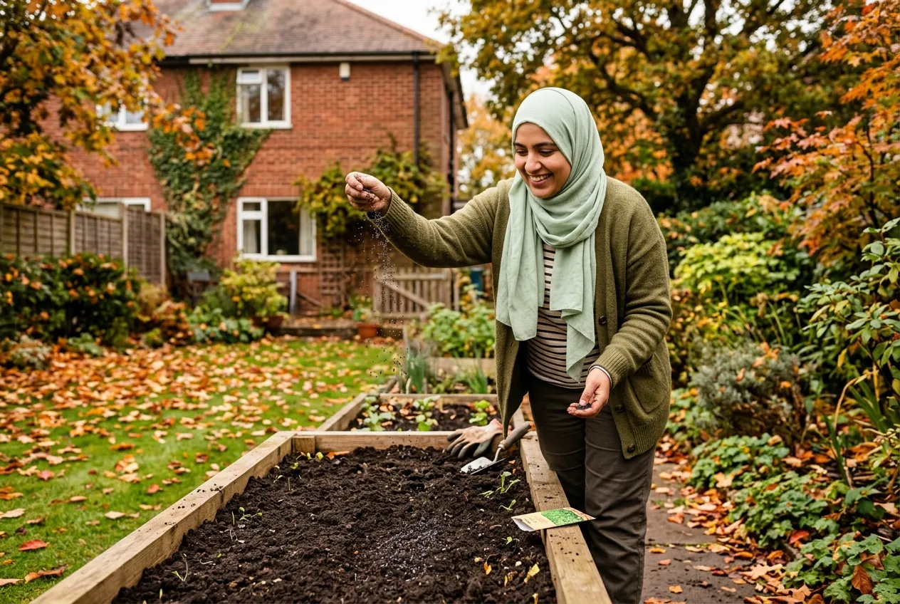 How to grow poppies UK showing a woman sowing poppy seeds by hand in an autumn garden