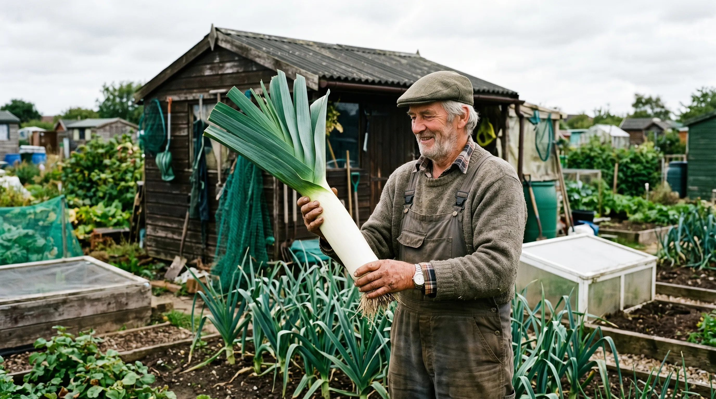 A north-east England grower holding up a thick barrel-shaped prize pot leek with a long white blanch
