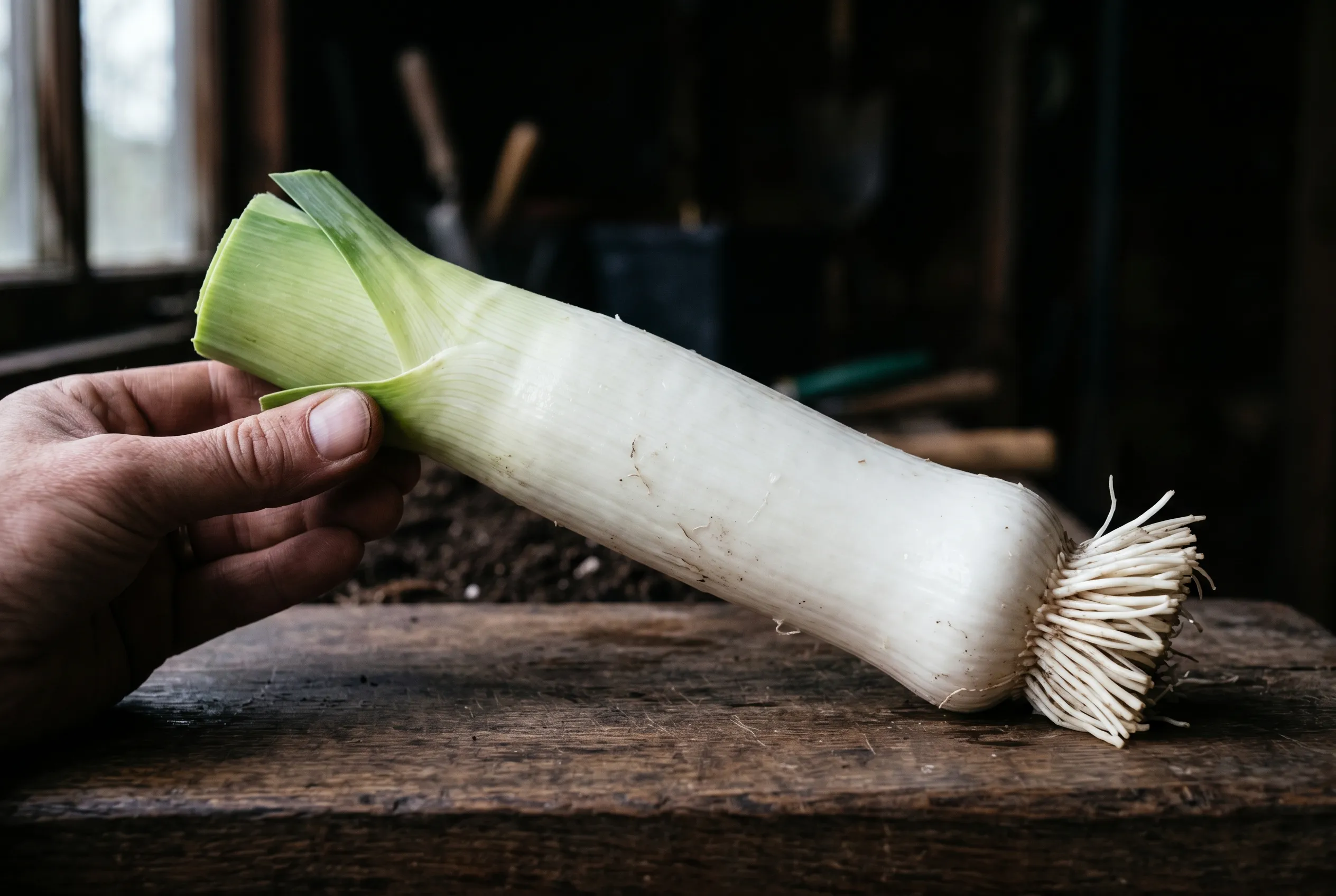 A single lifted pot leek freshly cleaned showing a thick barrel-shaped solid white blanch and trimmed roots