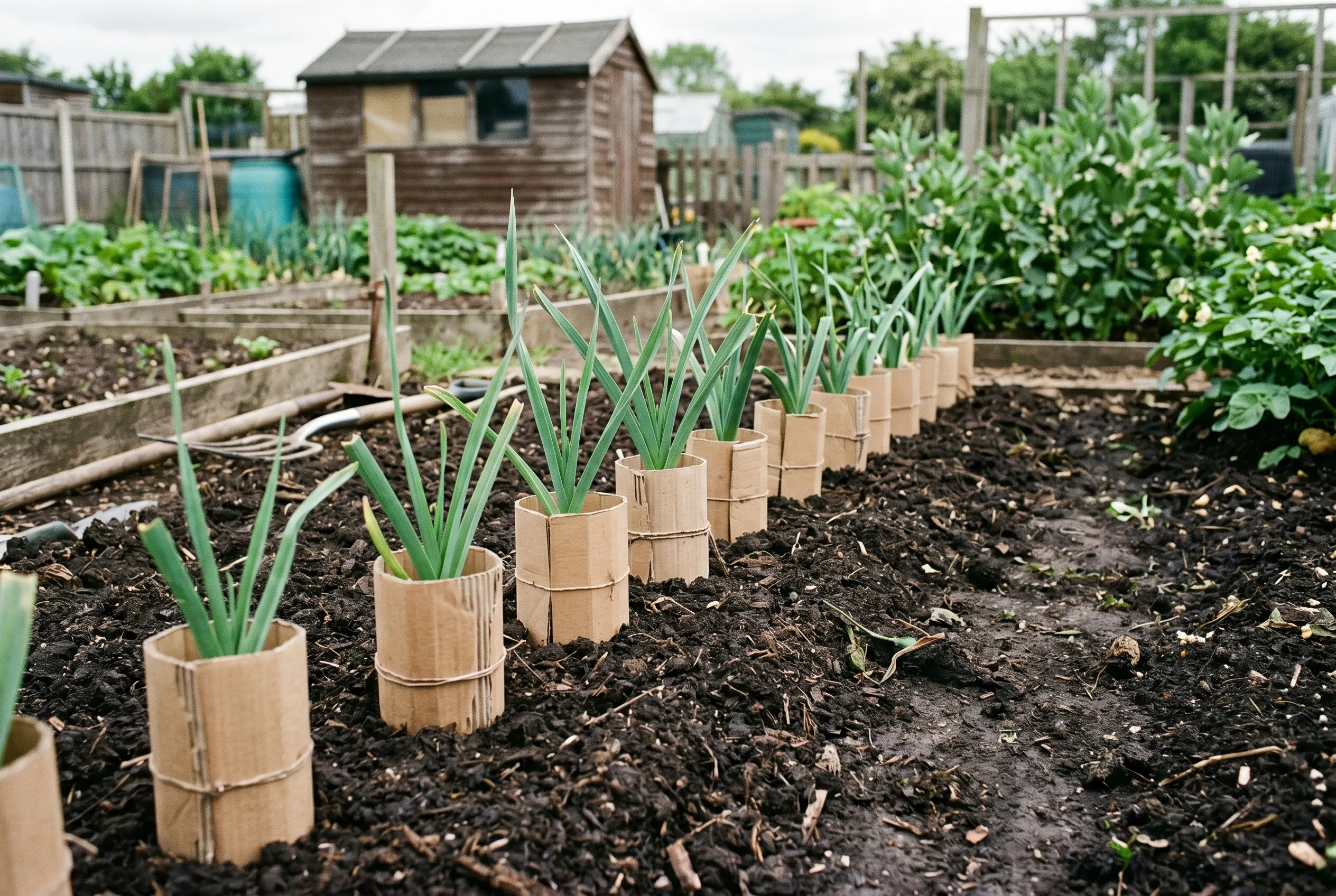 Young leeks planted in a rich deeply manured bed with cardboard collars around the stems to blanch them