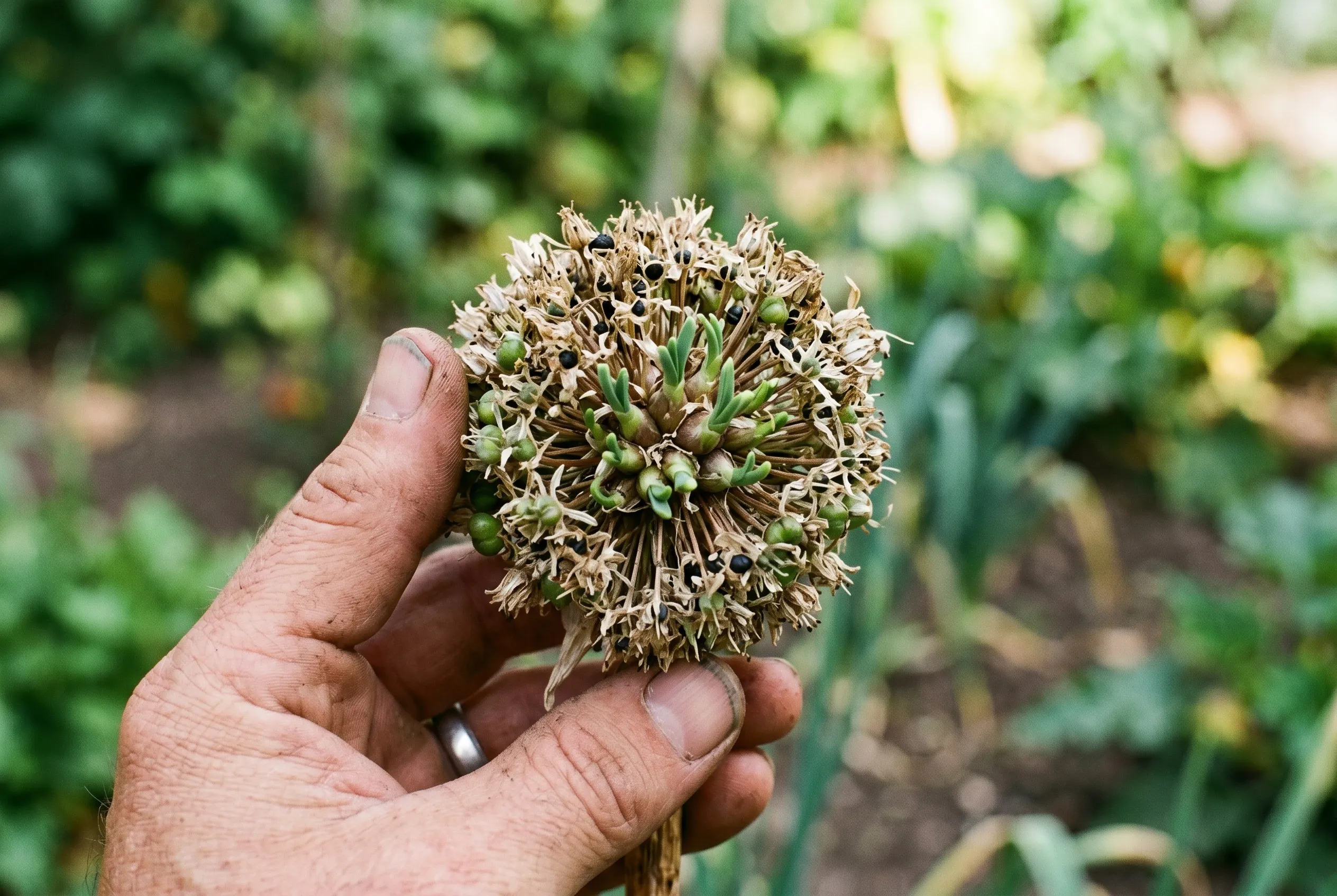A leek seed head that has formed small bulbils or pods among the dried flowers, used for vegetative propagation