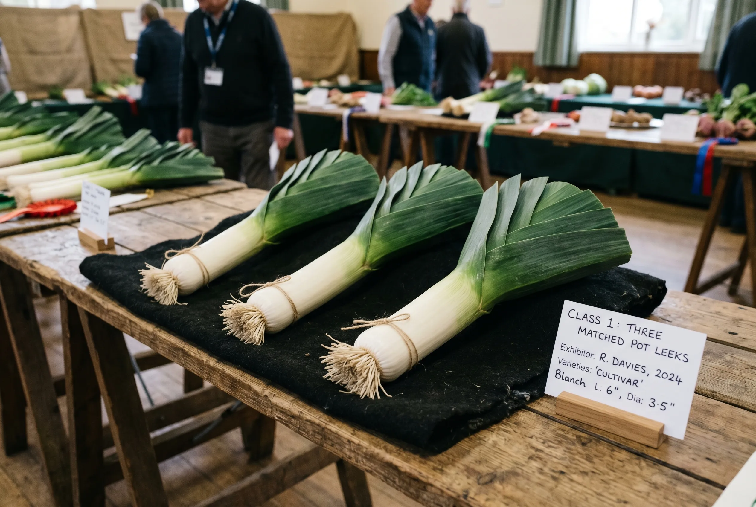 A matched set of three thick pot leeks staged on a black cloth on a UK leek club show bench with a show card