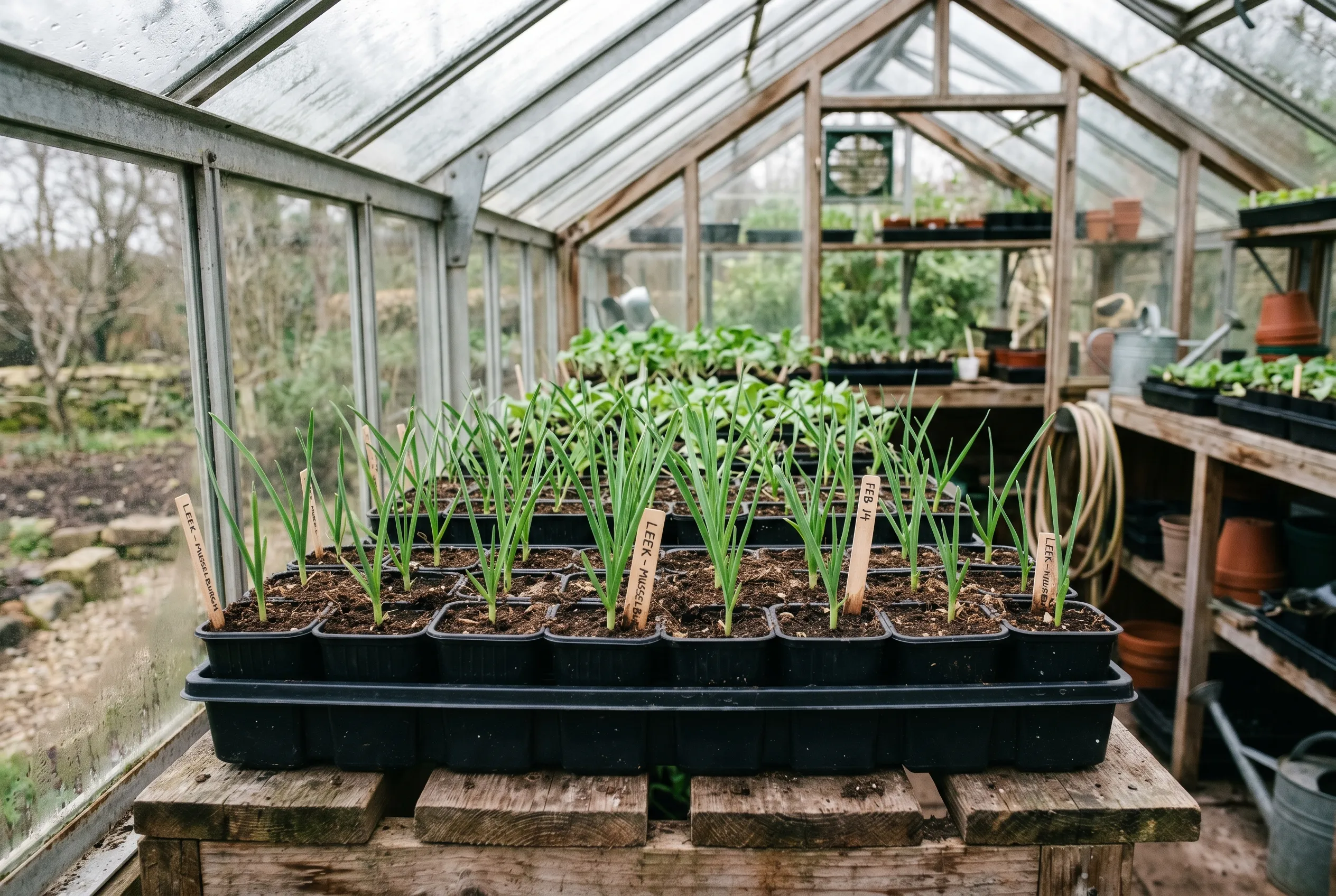 Trays of young leek plantlets growing on in small pots on a greenhouse bench under glass in late winter