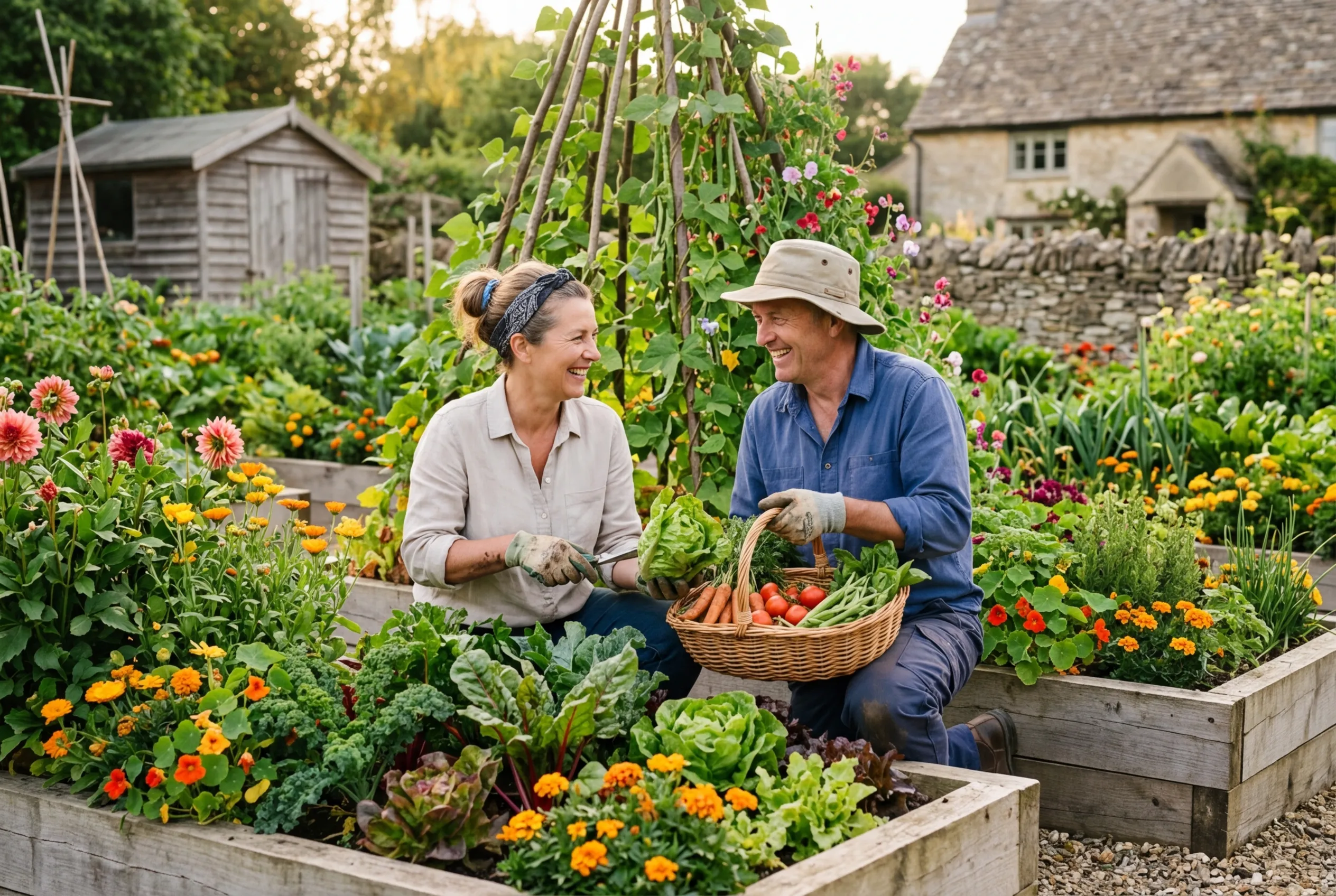 A couple working together in their potager garden harvesting vegetables and tending climbing beans