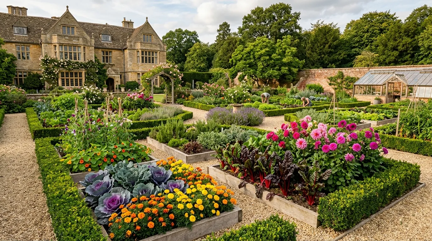 Potager garden with geometric raised beds of vegetables herbs and flowers in a UK country garden