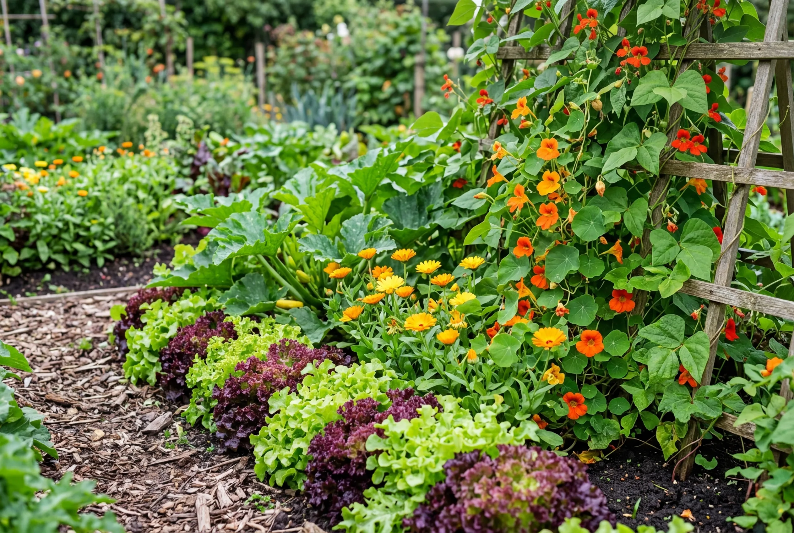 Potager garden planting combinations with purple lettuce nasturtiums and calendula among vegetables