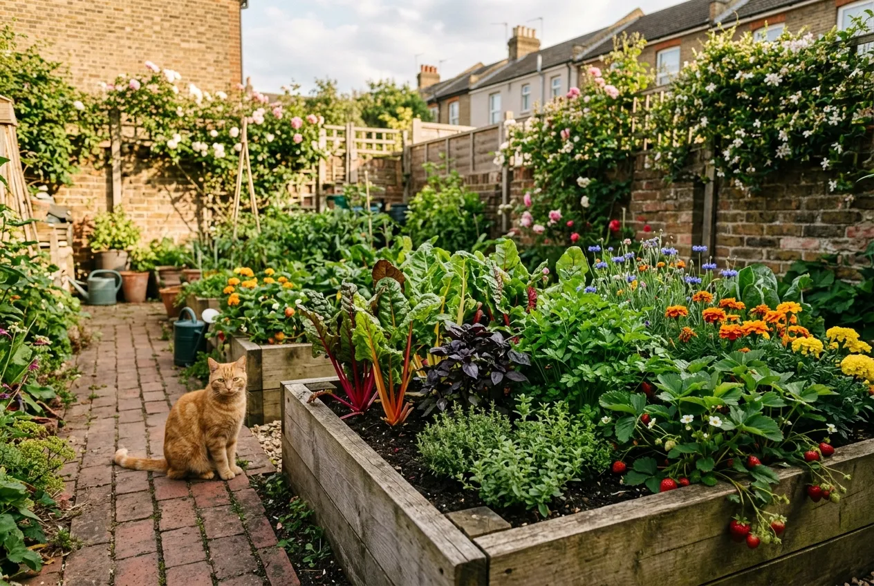 A small urban potager garden with raised beds rainbow chard herbs and a ginger cat on the path