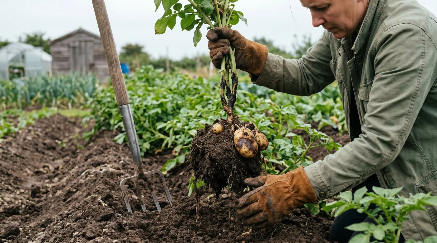 A gardener lifting and removing a whole blackleg-infected potato plant from the row to stop the disease spreading