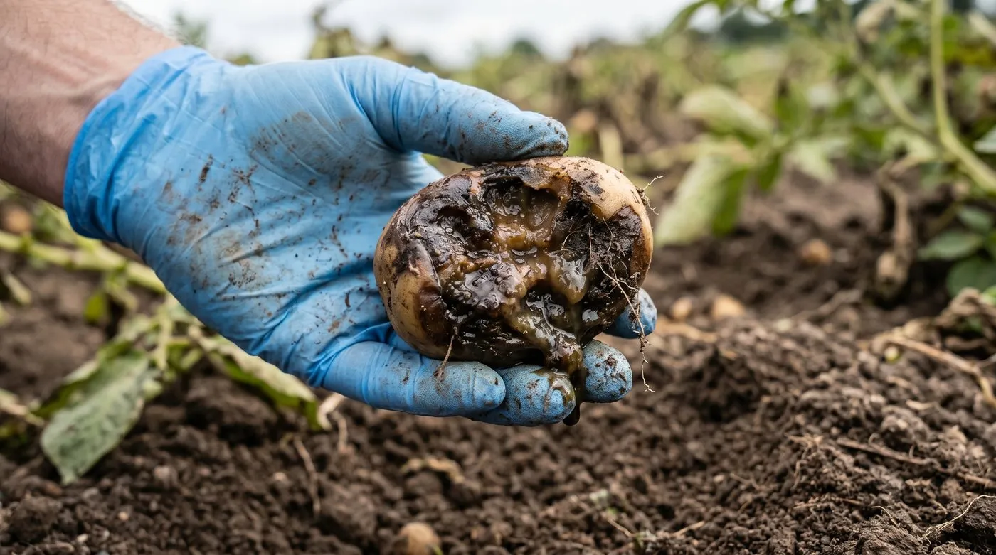 A potato tuber turned to soft, wet rot by bacterial soft rot linked to blackleg