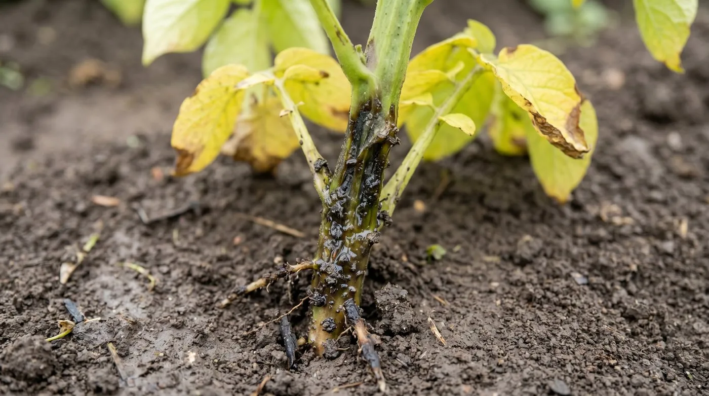 The blackened, soft, slimy base of a potato stem affected by blackleg, with yellowing leaves above