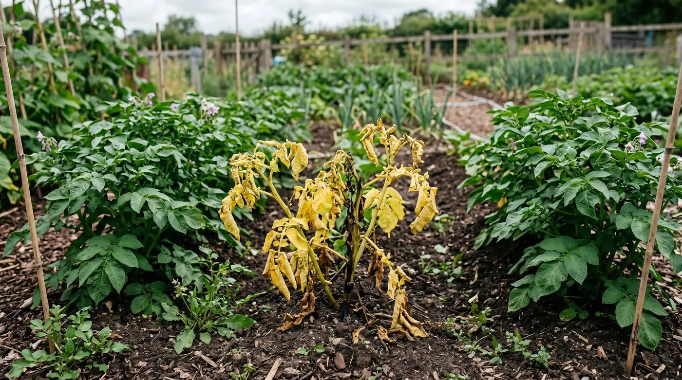 Potato foliage yellowing, curling and wilting above a blackleg-infected stem, while neighbouring plants stay green