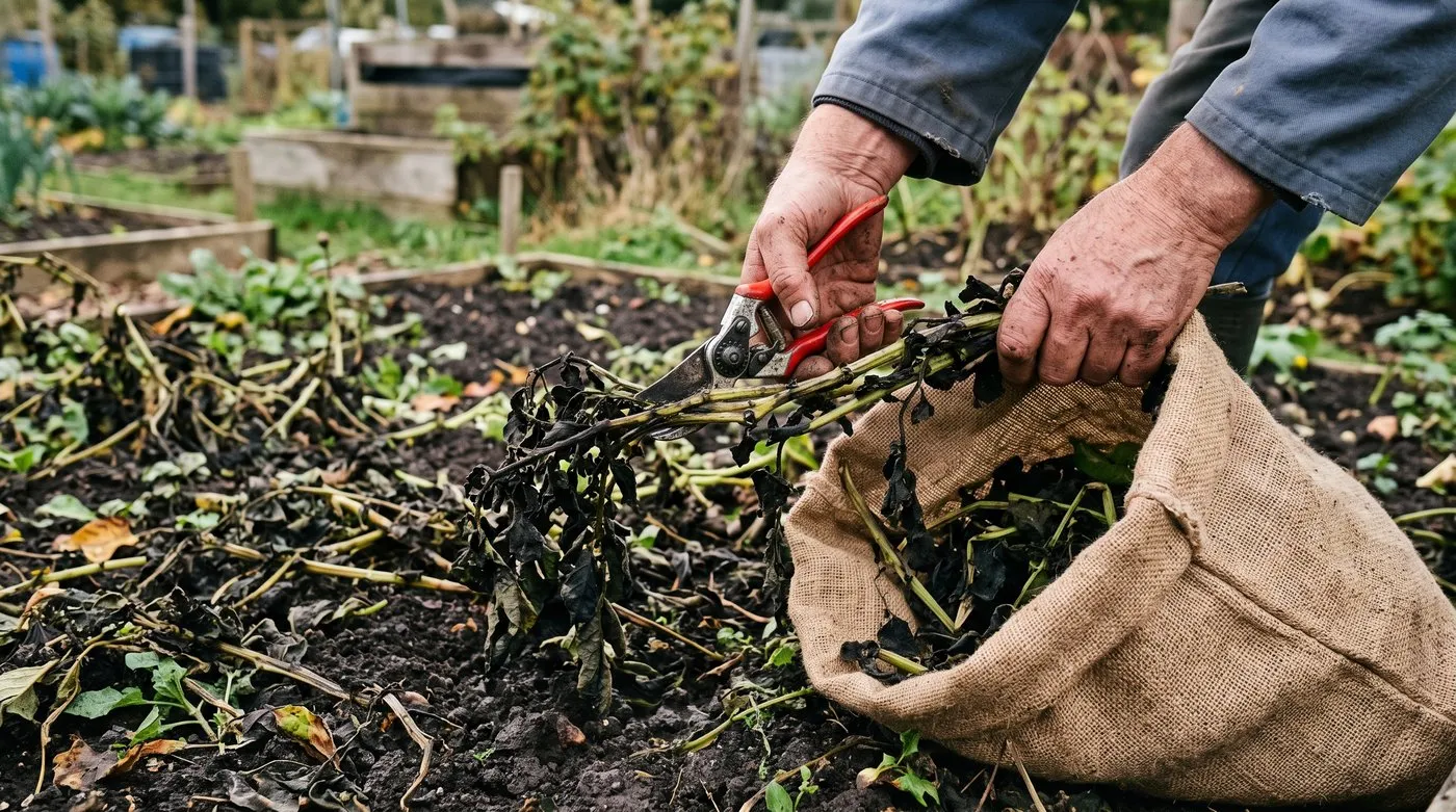 Hands cutting down and bagging blighted potato haulm at ground level on an allotment bed