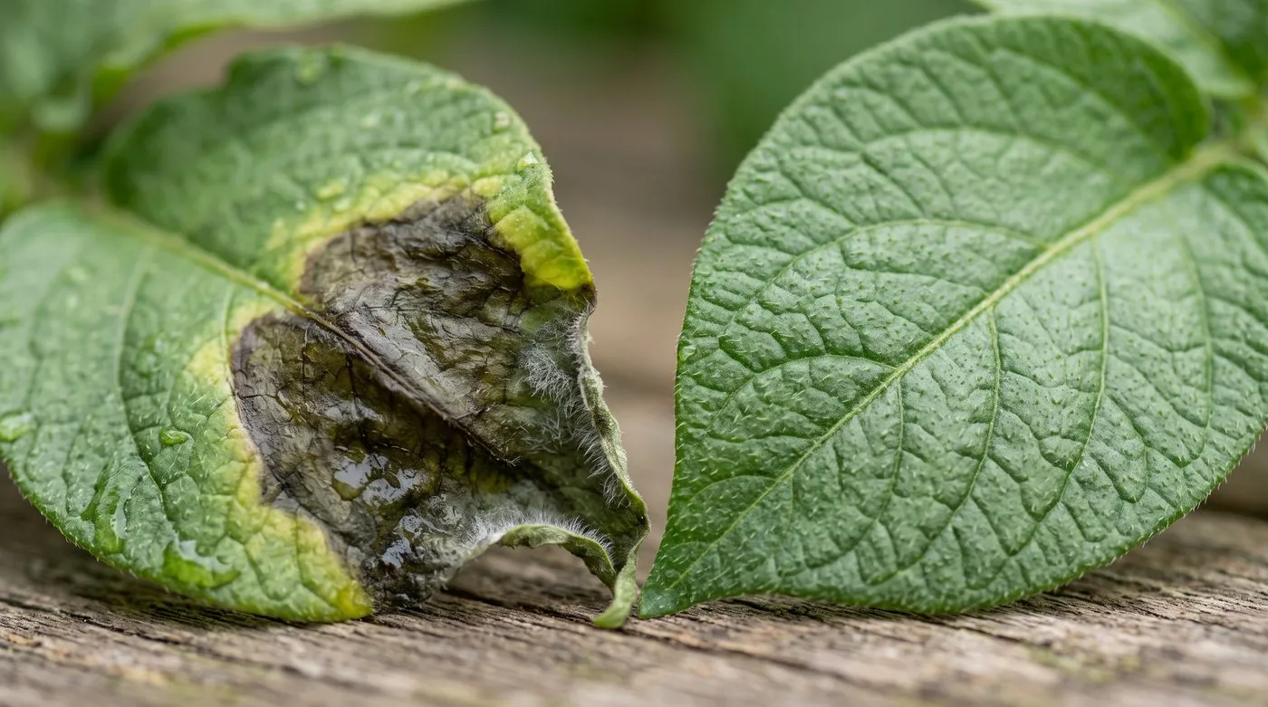 Potato leaf with a dark water-soaked blight lesion and fine white mould on the underside beside a healthy green leaf