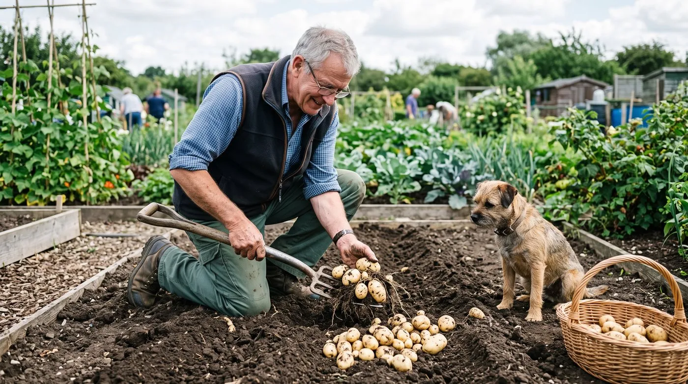 A gardener lifting a clean crop of early potatoes with a fork on an allotment in July before blight season