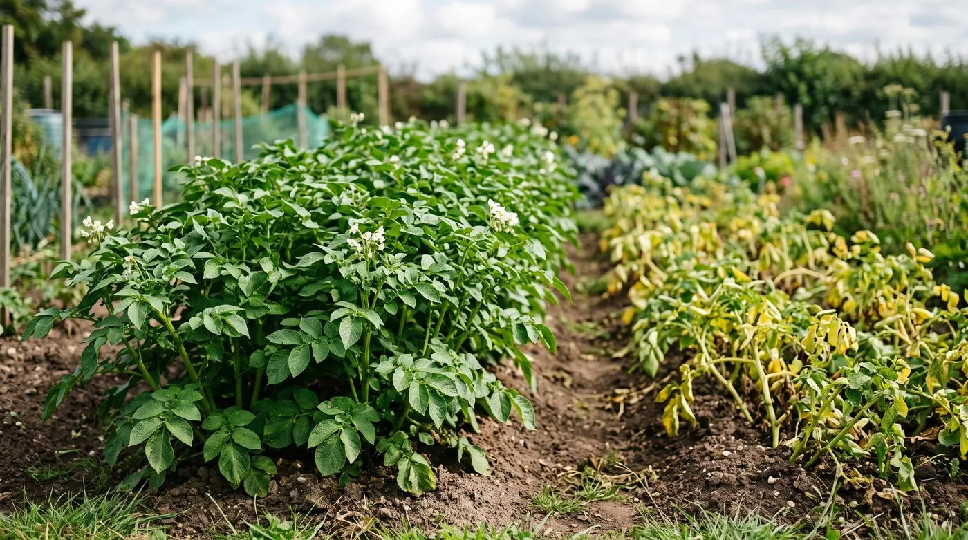 A healthy green row of blight-resistant Sarpo Mira potatoes standing tall on an allotment in late summer