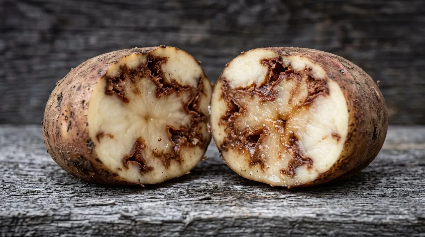 A potato tuber cut in half showing reddish-brown blight rot marbling into the flesh under the skin