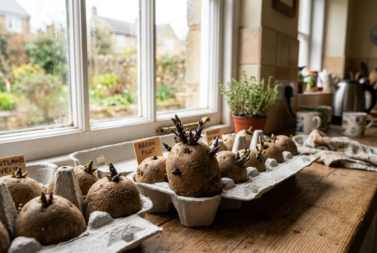 Seed potatoes chitting in egg boxes on a bright windowsill with short green-purple sprouts visible