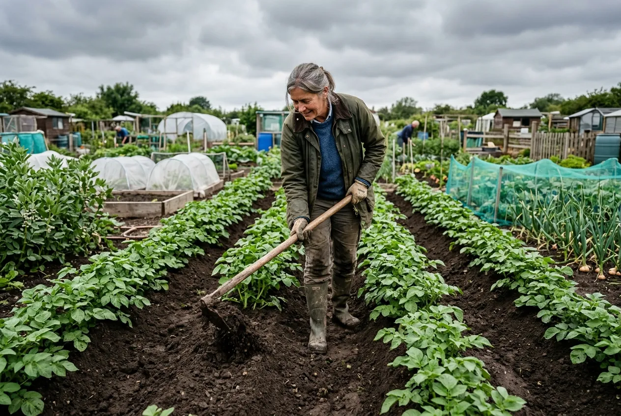 Gardener earthing up potato plants in a UK allotment drawing soil around green stems with a hoe