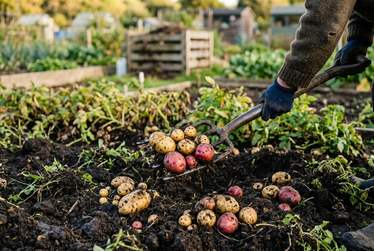 Fresh potatoes being lifted from soil with a garden fork on a UK allotment