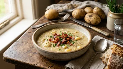 Bowl of UK homemade potato soup with garden chives and crusty bread on a wooden kitchen worktop in autumn