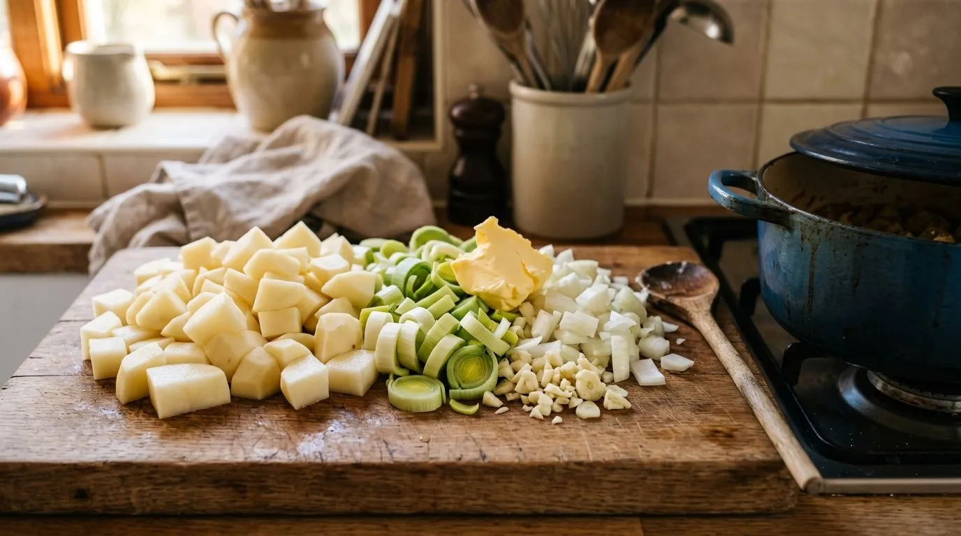 Peeled and cubed UK potatoes with chopped leeks onions and butter on a wooden chopping board