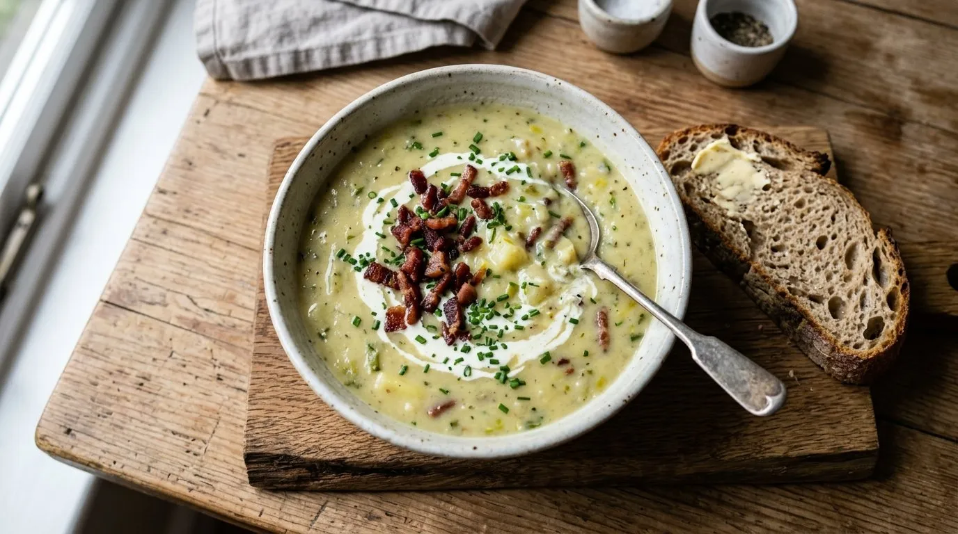 Overhead bowl of UK creamy potato and leek soup with crispy bacon bits chives and cream swirl