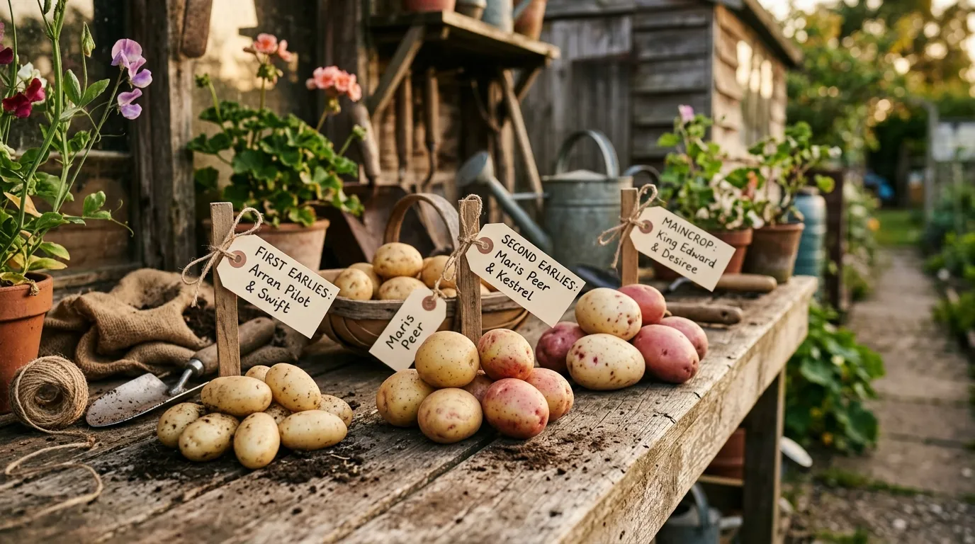 Best potato varieties for UK gardens displayed on a rustic wooden table showing red, purple, and white cultivars