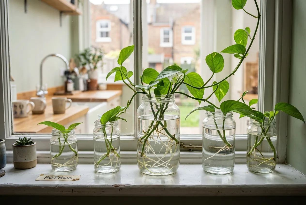 Pothos stem cuttings propagating in clear glass jars of water on a bright kitchen windowsill with visible white roots