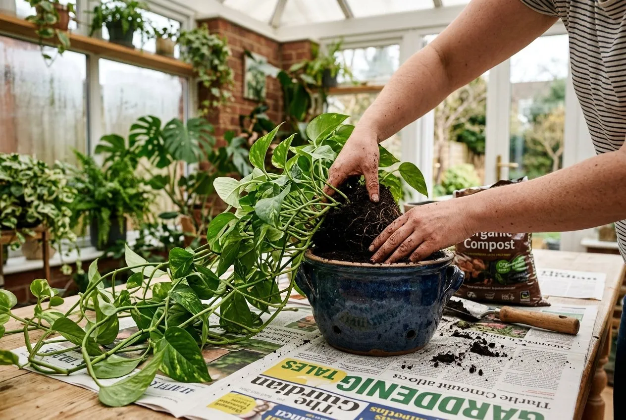 Hands repotting a mature pothos houseplant into a larger ceramic pot with fresh compost on a table in a bright conservatory