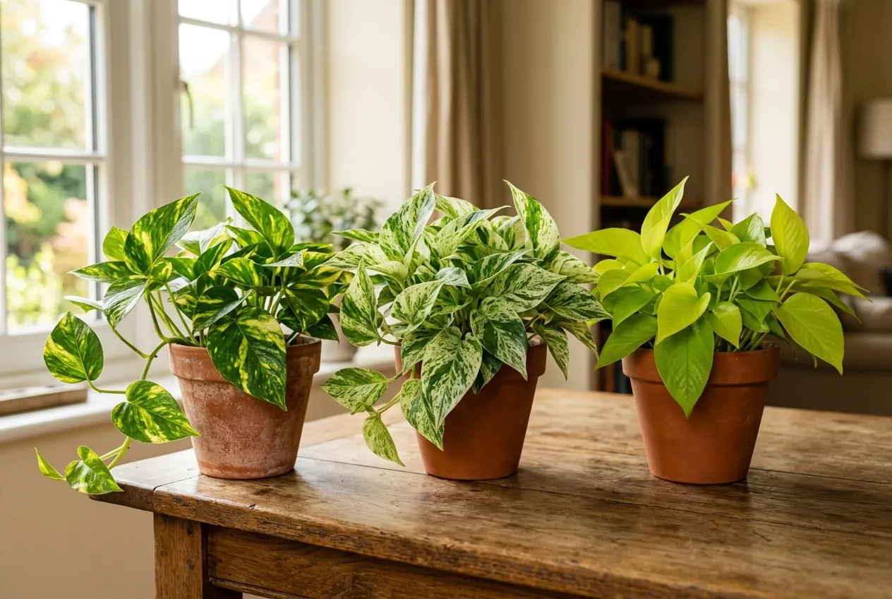 Three pothos varieties side by side showing golden, marble queen, and neon pothos in terracotta pots on a wooden table