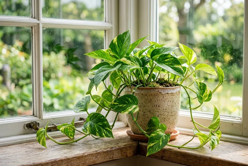 Pothos (Epipremnum aureum) growing in a UK garden