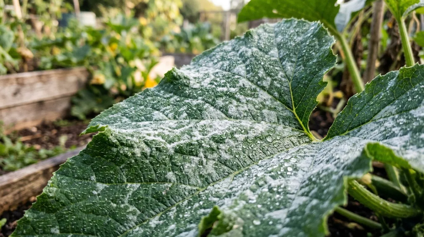 Courgette leaves coated in white powdery mildew fungal growth in a UK kitchen garden