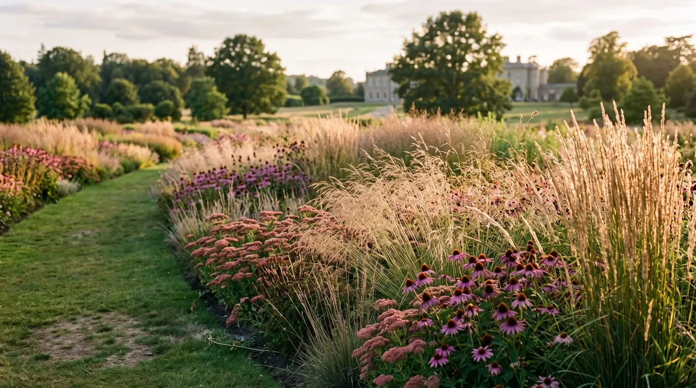 Prairie planting border of ornamental grasses and echinacea in flowing drifts in a large UK garden in late summer