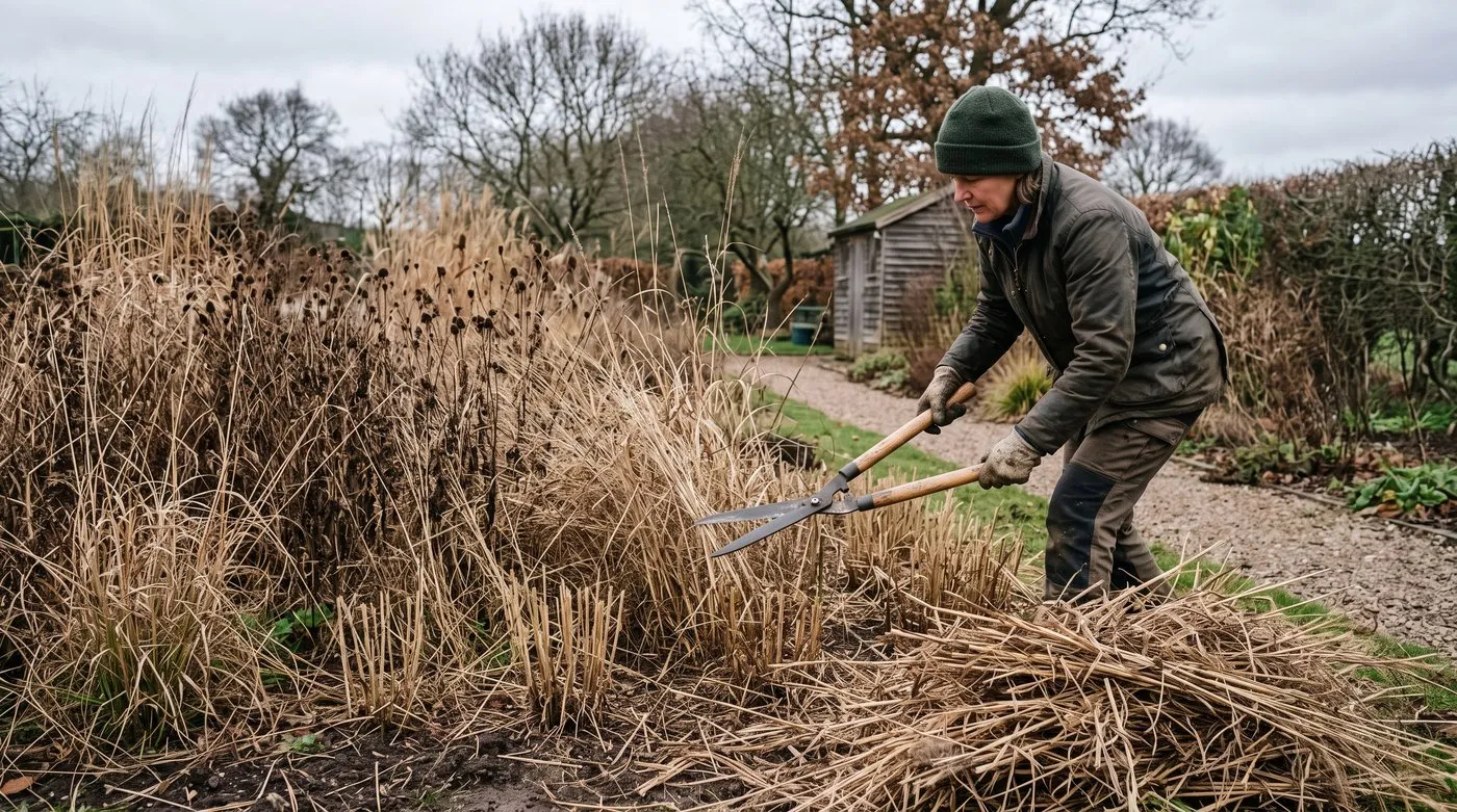 Gardener cutting back a prairie border with hedge shears in early spring in a Staffordshire garden